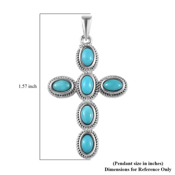 Mexican Blue Turquoise Oval Gemstones Platinum Plated Cross Pendant NWT - Picture 3 of 3